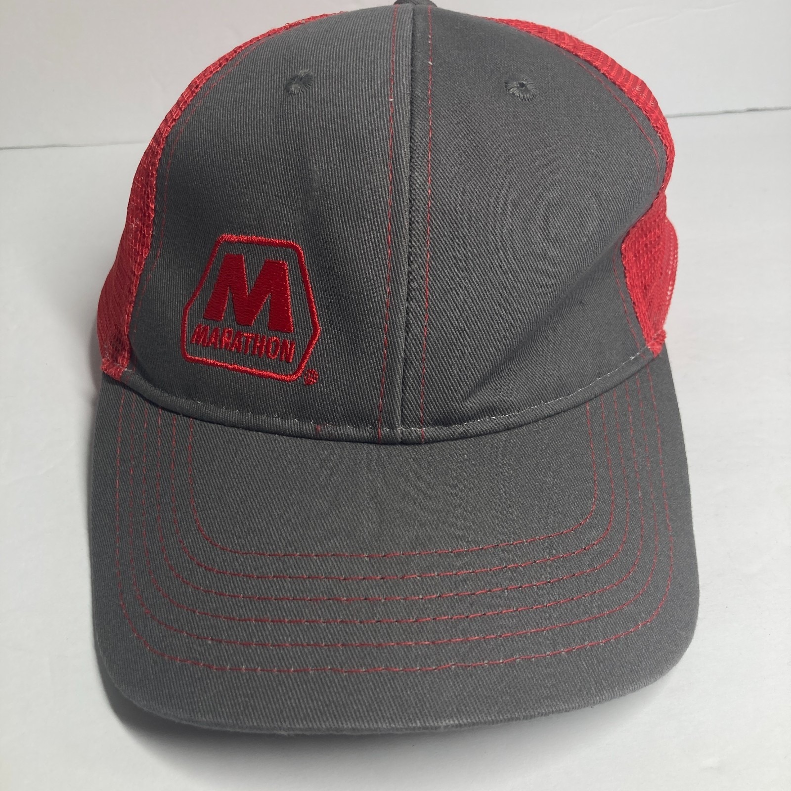 Marathon Employee Worker Cap Hat Gray Red Embroidered Adult Mesh Snapback Ohio